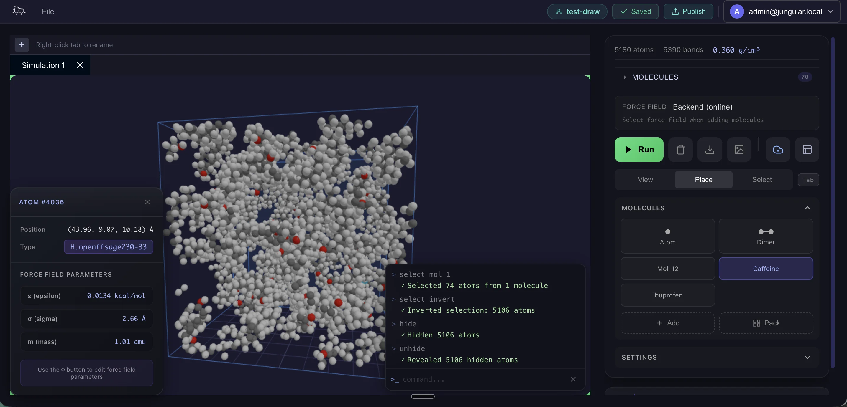 Jungular molecule builder interface showing ibuprofen with force field parameters